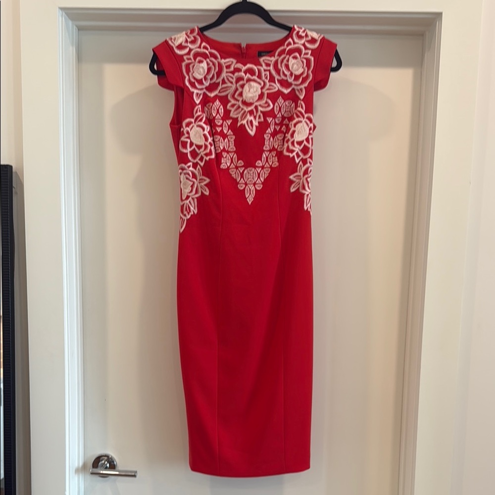 Karen Millen Red and Cream Embellished Sheath Dress